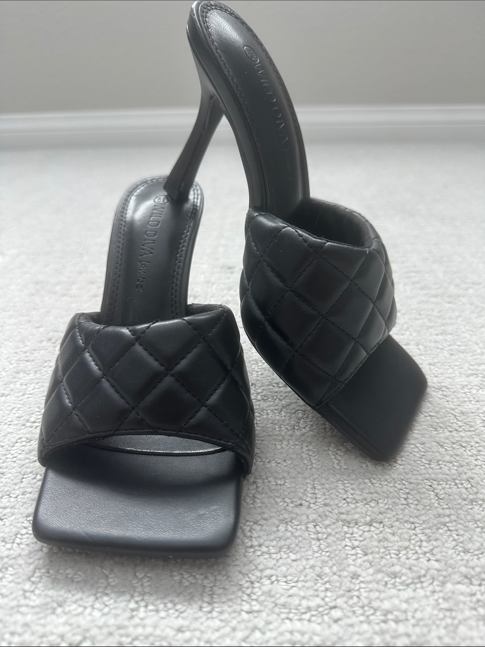 Wild Diva Black Quilted Slide Mules with Square Toe and Stiletto Heel